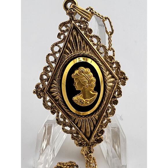 Vintage Cameo Pendant Necklace Gold Tone Profile w/Black Victorian Revival 24in - Picture 3 of 8